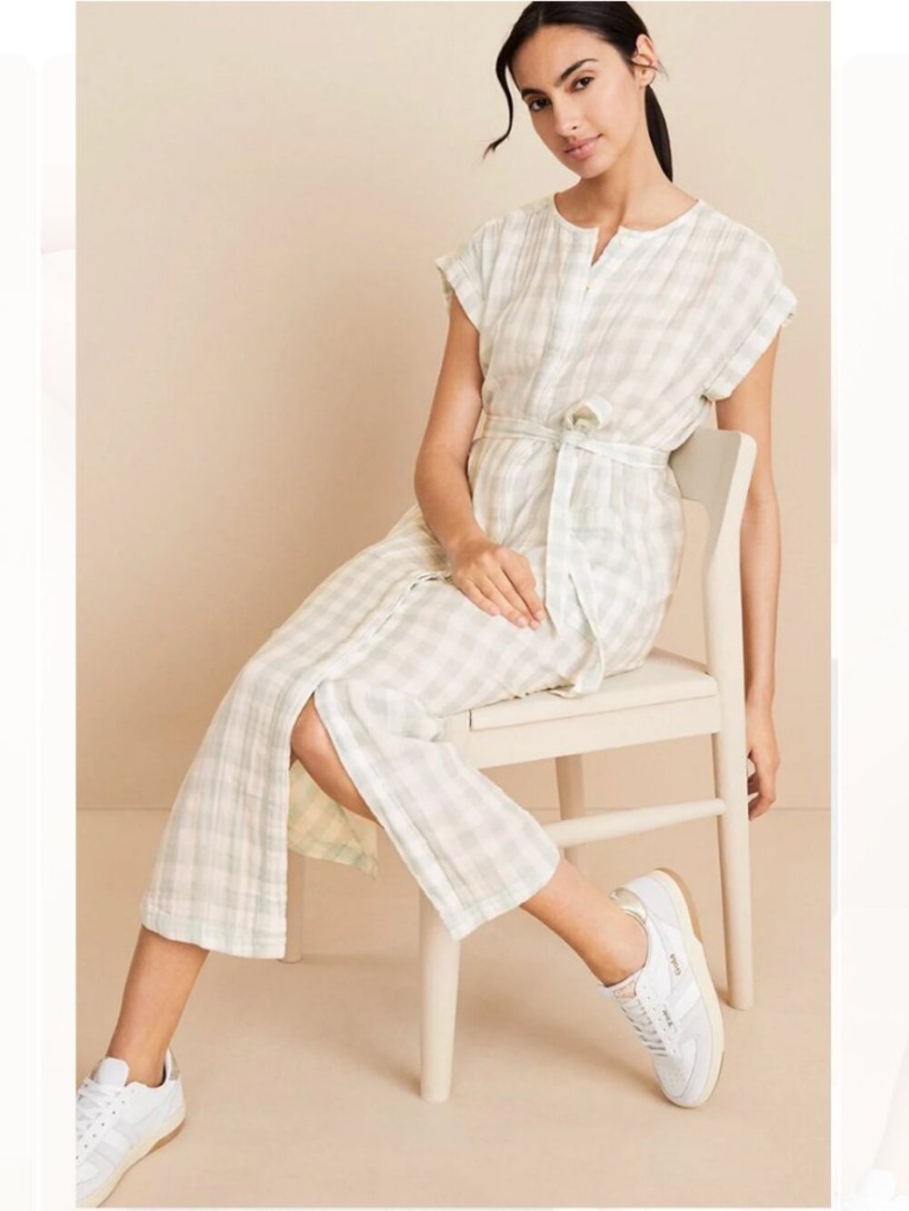 Lou & Grey Sage Gingham Midi Dress Cap Sleeve Belted Summer Dress